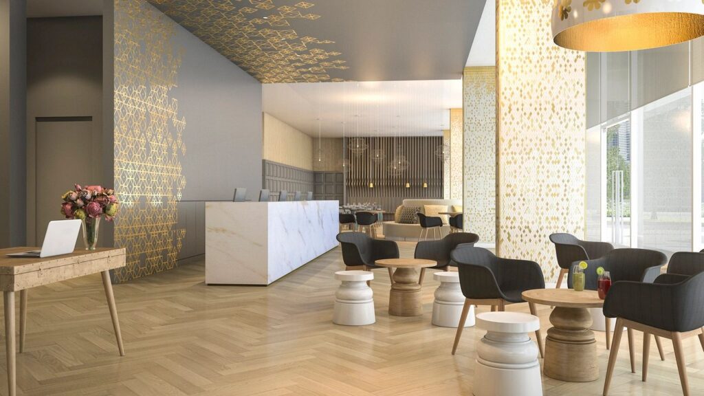 A room with many chairs and tables in it